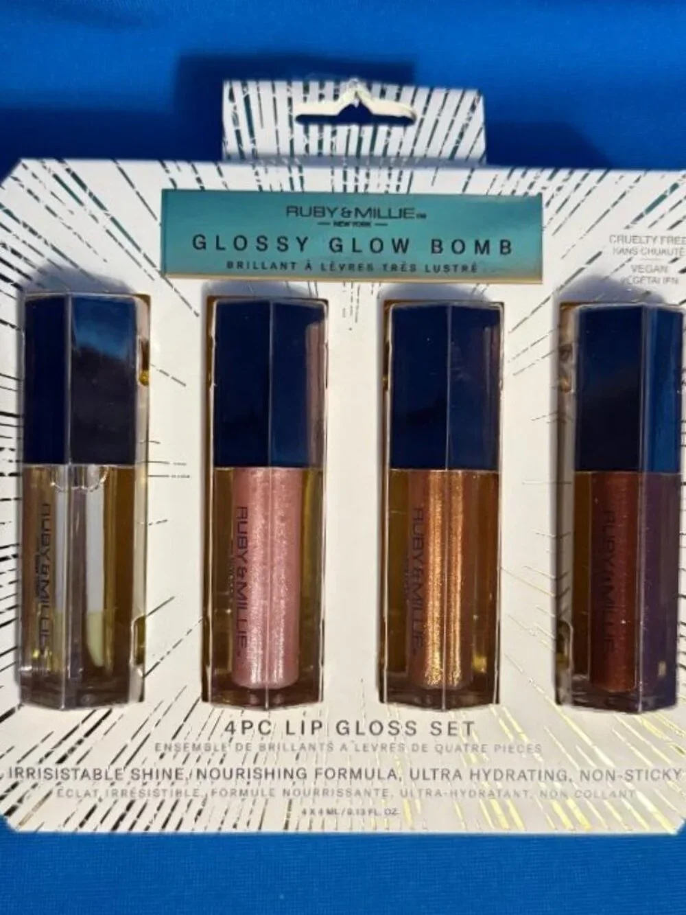 NEW RUBY & MILLIE NEW YORK 4 PK GLOSSY GLOW BOMB NOURISHING SHINE LIP GLOSS SET